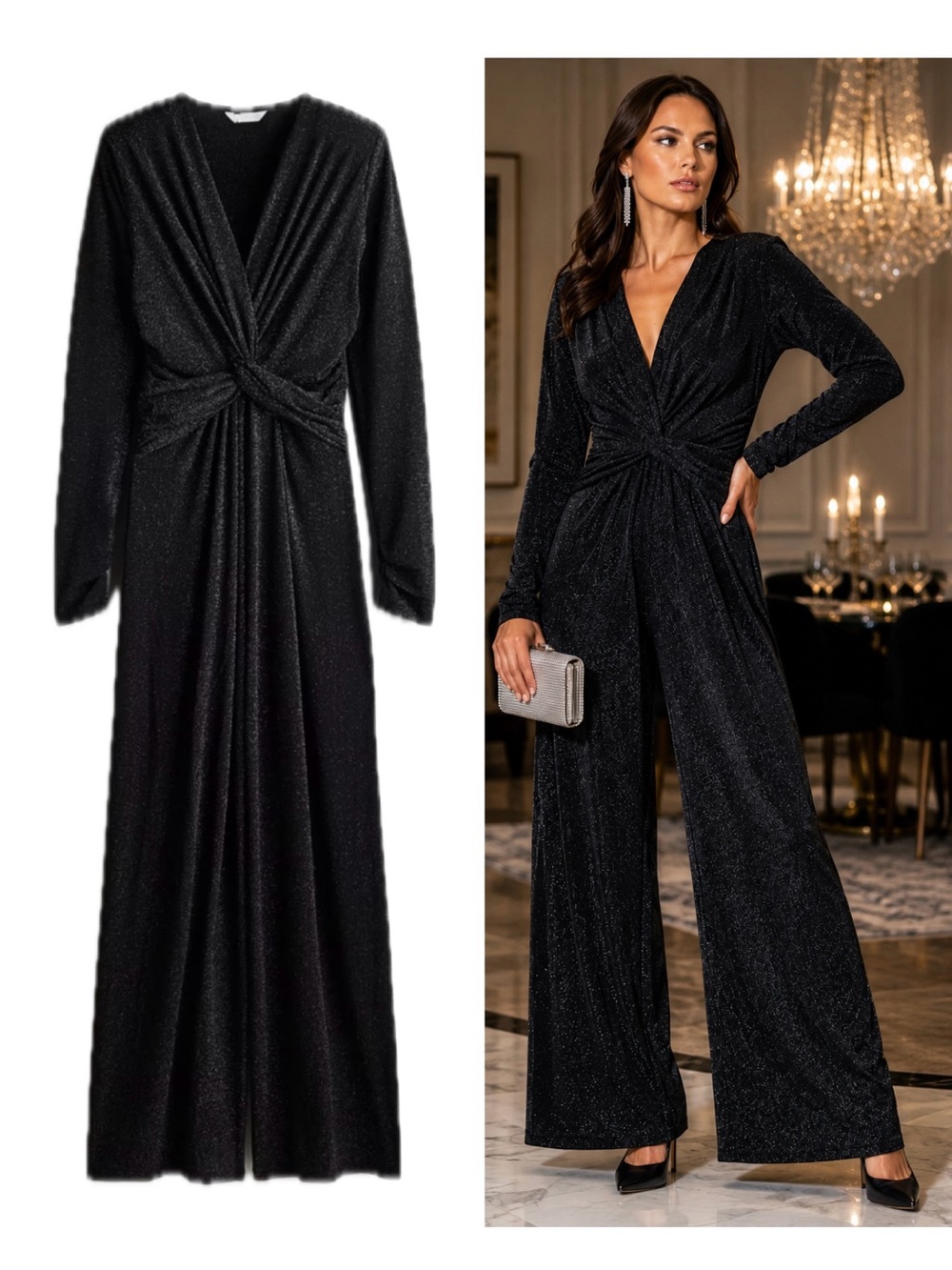 H&M Black Glitter Metallic Twist Front Wide Leg Jumpsuit Long Sleeve Sz S NWOT